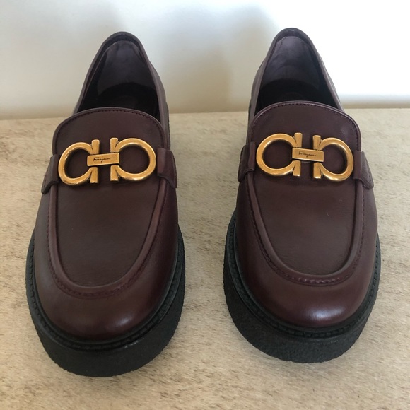Salvatore Ferragamo Shoes - Merlot Leather Platform Loafer with gold hardware
